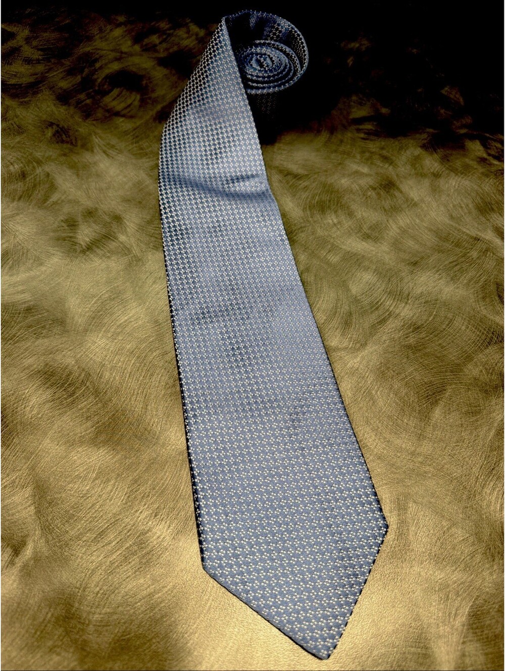 SARAR 100% Silk Geometric Tie, Blue W/ White Pattern Design Hand Made In Italy